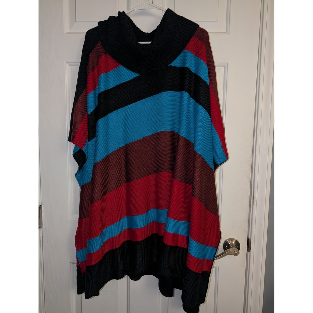 Rafaella Striped Poncho Sweater Cowl Neck Multi Color Knit Boho XL